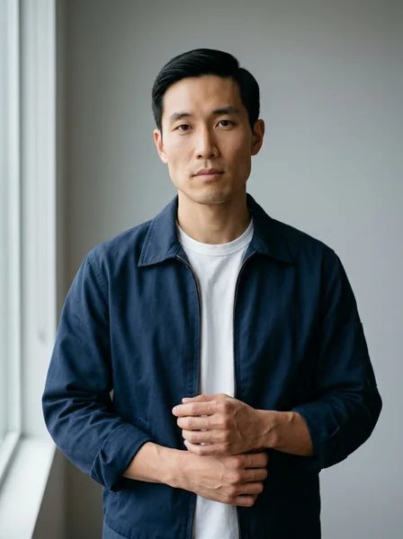 Original AI-created adult survivor portrait: a man in a navy jacket